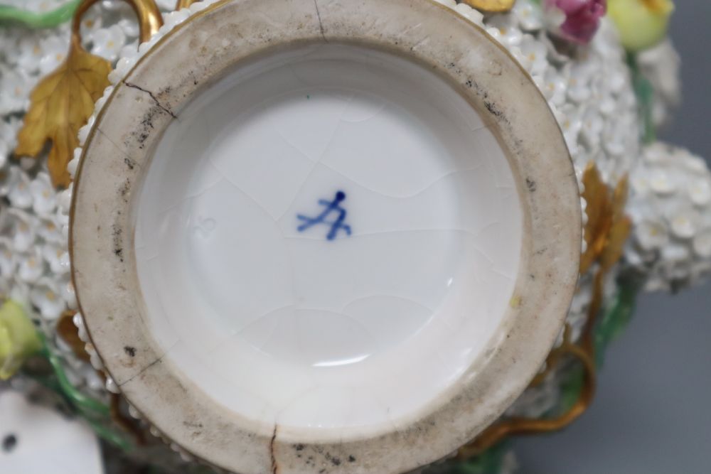 A Meissen floral encrusted hot water jug and cover, height 26cm